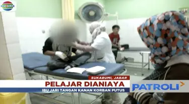 Jari tangan seorang pelajar SMK putus karena diserang celurit oleh sekelompok pelajar di Cibadak, Sukabumi, Jawa Barat.