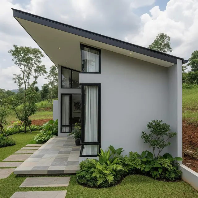 Desain Rumah Sempit Atap Miring ke Belakang