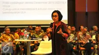 Sri Mulyani saat memberi arahan pejabat Eselon I dan II dalam Rakernas Kementerian Keuangan, Jakarta, Selasa (10/1). Sri Mulyani membahas pengaruh pertumbuhan ekonomi China terhadap dunia dan Indonesia. (Liputan6.com/Angga Yuniar)