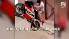 Banyak gaya, pengendara motor sport ini ‘nyusruk’ ke tembok.