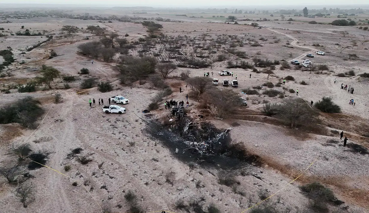 Polisi memeriksa puing-puing pesawat yang jatuh saat penerbangan wisata yang membawa turis di atas Garis Nazca di Peru, Sabtu, 1 Agustus 2026. (Foto AP/Genry Bautista)