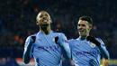 Pemain Manchester City Gabriel Jesus (kiri) merayakan golnya ke gawang Dinamo Zagreb  dengan Phil Foden saat pertandingan Grup C Liga Champions di Stadion Maksimir, Zagreb, Kroasia, Rabu (11/12/2019). Manchester City menang 4-1 dan menjadi juara Grup C Liga Champions. (AP Photo/Darko Bandic)