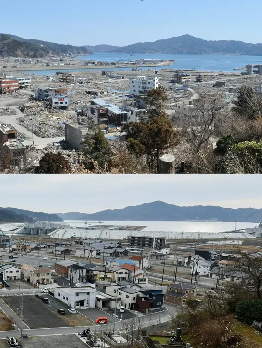 Foto kombinasi menunjukkan kerusakan (atas) yang disebabkan oleh tsunami 11 Maret 2011 dilihat dari bukit yang menghadap ke kota Otsuchi, prefektur Iwate pada tanggal 6 April 2011 dan area yang sama (bawah) hampir 10 tahun kemudian pada 28 Januari 2021. (AFP/Kazuhiro Nogi)