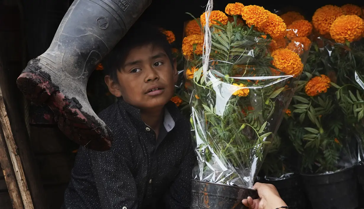 Seorang pemuda membawa bunga cempasuchil di salah satu kanal Xochimilco, Mexico City, Rabu (19/10/2022). Cempasuchil atau bunga marigold Meksiko juga dikenal sebagai bunga orang mati dan digunakan dalam perayaan Day of the Dead. (AP Photo/Marco Ugarte)