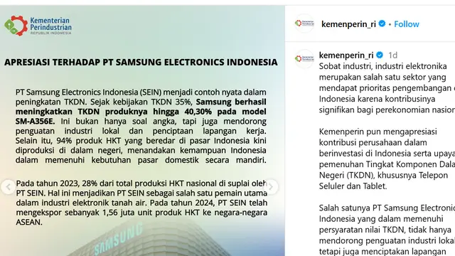 Kemenperin apresiasi Samsung terkait TKDN
