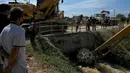 Pekerja kota mencoba memblokir kanal untuk melindungi rumah dari air banjir yang meningkat setelah hujan lebat di pinggiran Phnom Penh, Kamboja (26/10/2021). (AFP/Tang Chhin Sothy)
