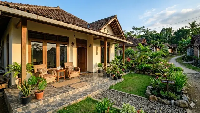 Contoh Rumah Desa dengan Teras Keramik Motif Batu dan Taman Mini