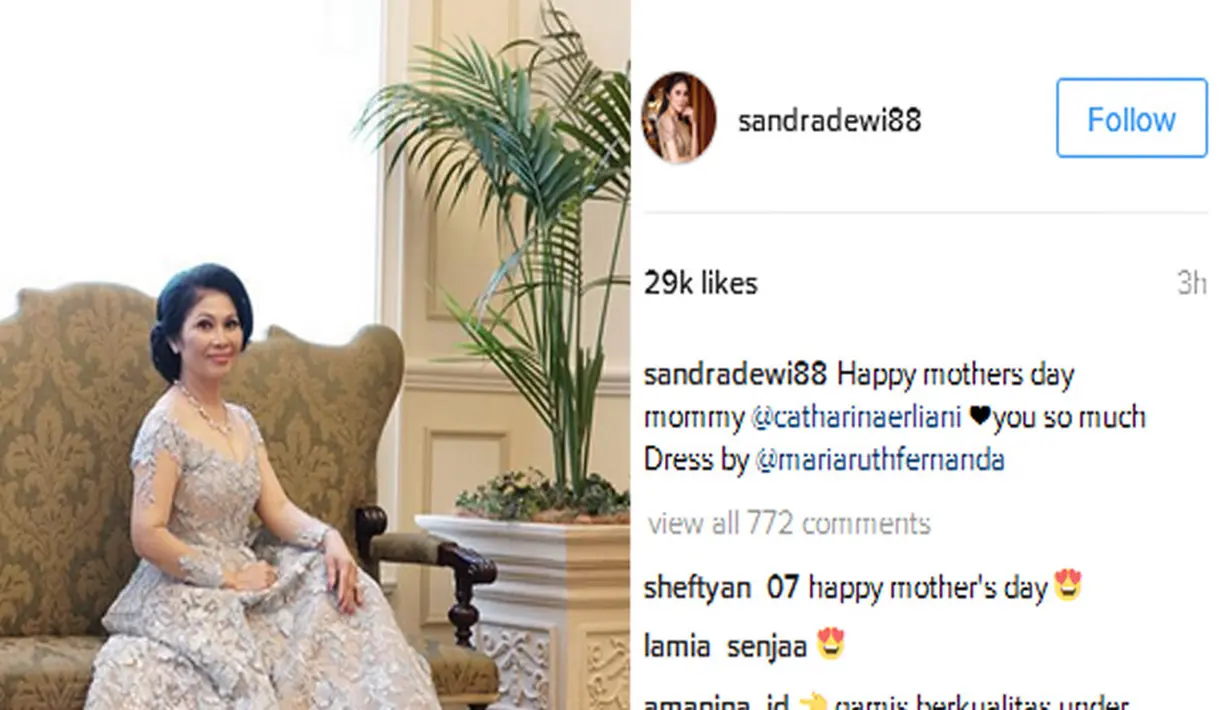 Pengantin baru Sandra Dewi mengunggah foto cantik seorang wanita kebanggannya, yaitu Ibu. Sandra mengucapkan selamat hari ibu dan mengungkapkan rasa cintanya. "Happy Mothers Day mommy @catharinaeriani. Love u so much". (Instagram/Sandradewi8888)