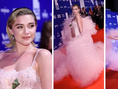 Foto kolase Florence Pugh saat menghadiri British Independent Film Awards ke-25 di London, Inggris pada Minggu, 4 Desember 2022. (Photo by Vianney Le Caer/Invision/AP)