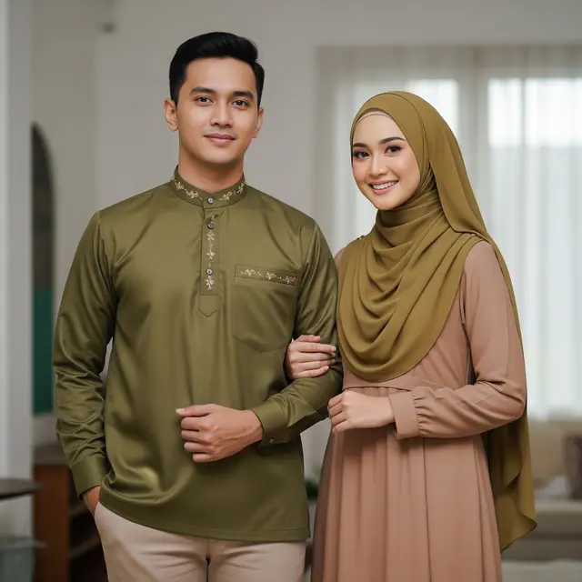 Pasangan pakai baju lebaran Warna Earth Tone yang Hangat (Gemini AI)