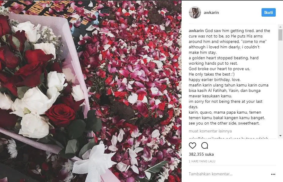 Oka Mahendra meninggal, Awkarin mengaku sangat sedih karena hanya dapat memberikan tiga hadiah ini untuk mantan pacarnya tersebut. (Foto: Instagram Awkarin)