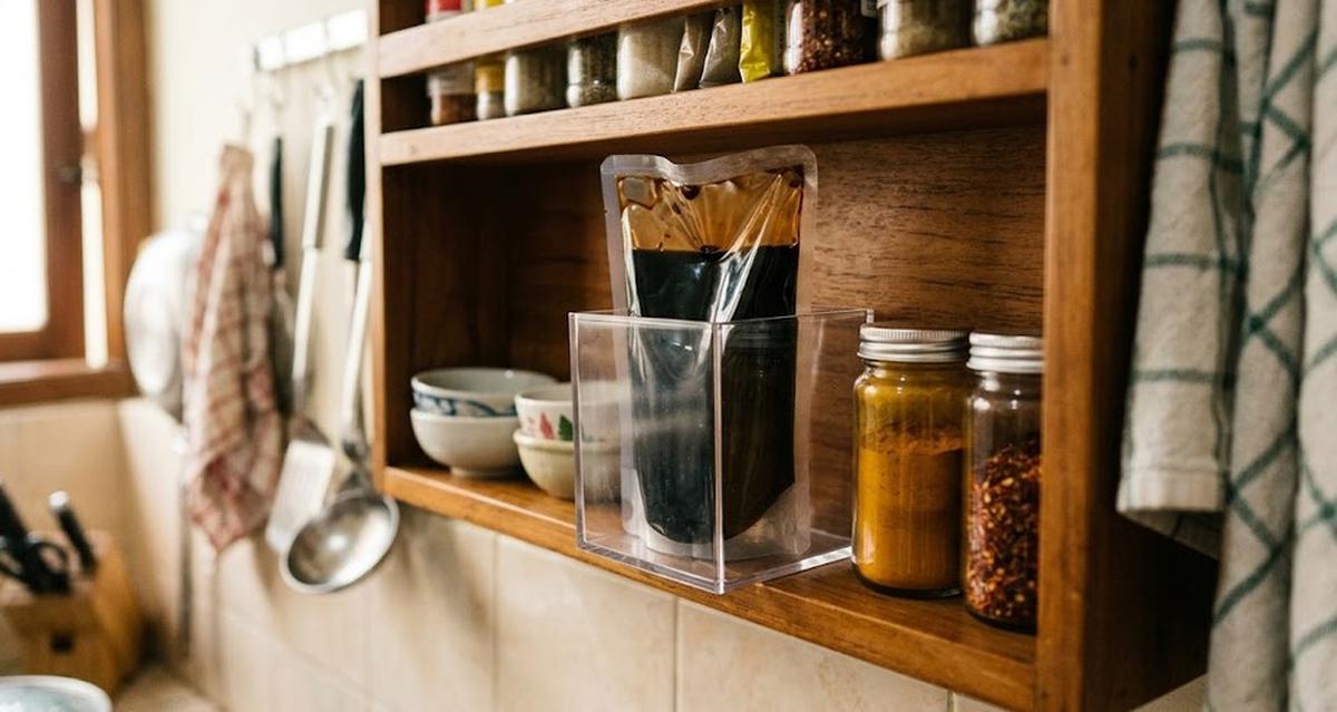 Trik Sederhana Menyimpan Kecap Kemasan Plastik agar Tidak Tumpah Meski Rak Dapur Penuh (AI Generated)