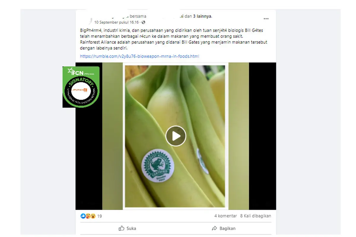 Tangkapan layar klaim Bill Gates memasukkan racun pada makanan berlabel Rainforest Alliance Certified