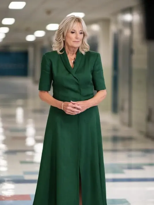 Mengenakan dress dengan struktur tegas serta warna hijau mendominasi, gaya Jill biden bisa dijadikan inspirasi outfit untuk gaya formal.  [Foto: Instagram/ Jill Biden]