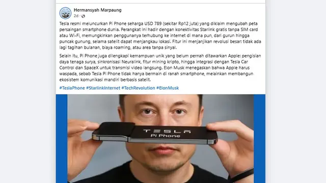 Hoaks Ponsel Tesla Pi Phone. Sumber: tangkapan layar di Facebook