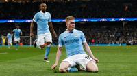 Kevin de Bruyne merayakan gol Manchester City ke gawang Paris Saint-Germain pada leg kedua perempat final Liga Champions, di Etihad Stadium, Selasa (12/4/2016). (Reuters/Andrew Yates)