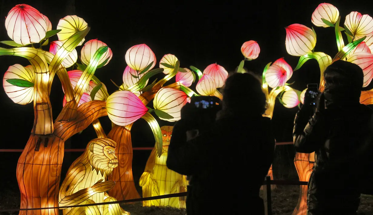 Pengunjung memotret salah satu set lentera tematik yang dipamerkan dalam festival The Great Lanterns of China di Pakruojis Manor, Lithuania, Rabu (25/12/2019). Festival ini berlangsung hingga 6 Januari 2019. (Petras MALUKAS/AFP)