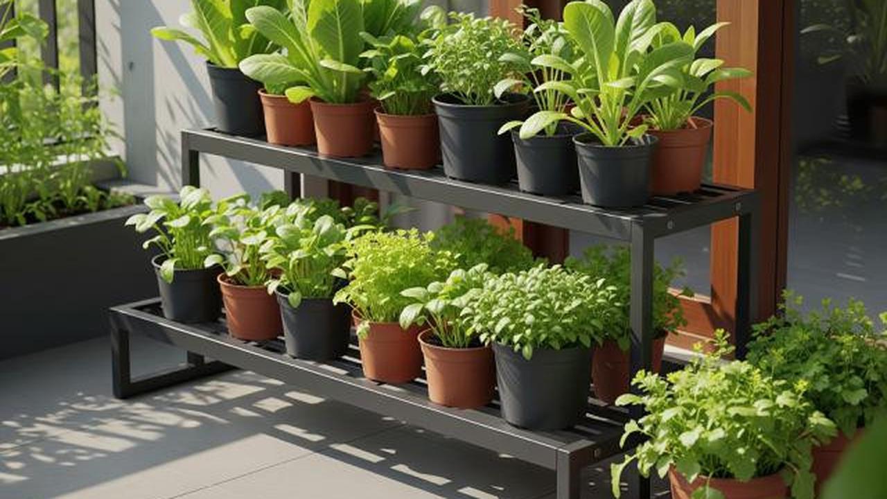 Kebun Sayur Kombinasi Pot Kecil dan Rak Besi/Inspirasi Kebun Sayur Mini untuk Teras Kecil yang Teduh (Sumber; gemini.com)