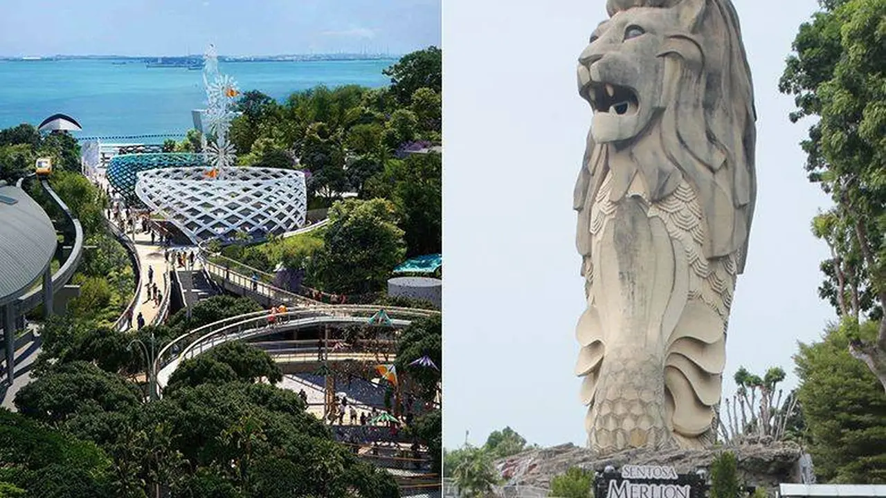 (Kiri) Taman resor Sentosa. (Kanan) Patung Merlion Sentosa (Sentosa Development Corporation)