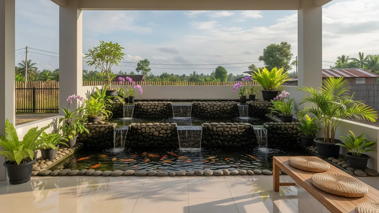 Teras Kampung Minimalis 3x4 dengan Kolam Ikan Bertingkat