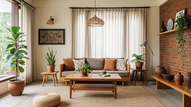 Model Ruang Tamu Nuansa Pedesaan Modern Sederhana dengan Tampilannya Elegan Model dengan Tanaman dalam Pot Tanah