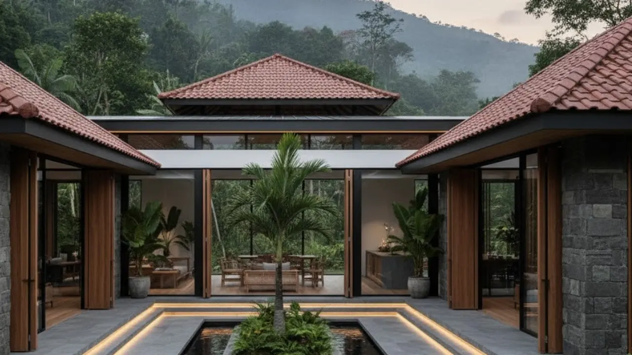 Ilustrasi Rumah Tropis Lereng Gunung (Sumber: Gemini AI)