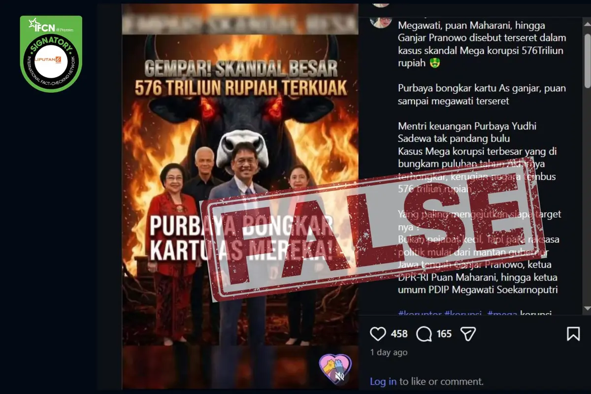 Tangkapan layar hoaks Purbaya bongkar mega korupsi Rp 576 triliun.