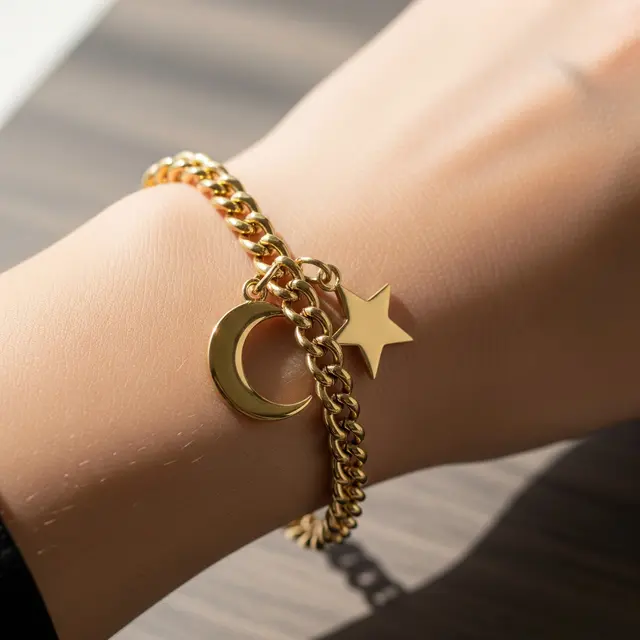 9 Model Gelang Emas Model Rolo Chain Kombinasi Liontin Bulan dan Bintang, Kilau Elegan