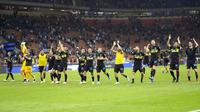 Inter Milan sempat kecolongan oleh gol hiburan Bologna pada menit ke-86 yang dicetak pemain pengganti, Arthur Theate. Dengan kemenangan 6-1 atas Bologna, Inter berhasil mengoleksi 10 poin dari 4 laga dan sementara memimpin klasemen Liga Italia 2021/2022. (AP/Luca Bruno)