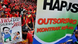 Para buruh menuntut pemerintah memberi kesejahteraan yang layak serta menghapus sistem kerja kontrak atau outsorching, Kamis (1/5/14). (Liputan6.com/Johan Tallo)