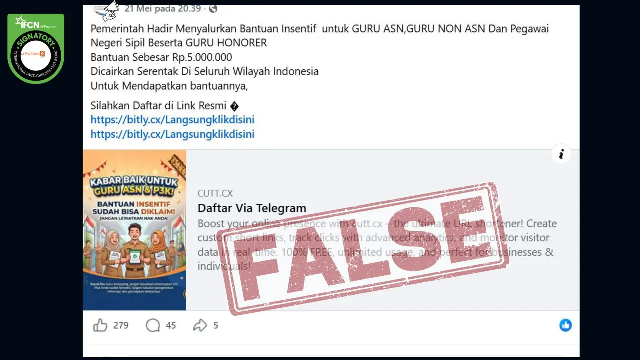 Cek Fakta Liputan6.com menangkap layar klaim link pendaftaran insentif untuk guru honorer dan ASN Rp 5 juta