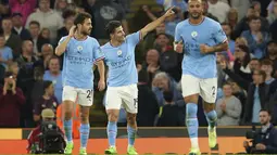 Penyerang Manchester City, Julian Alvarez berselebrasi usai mencetak gol ke gawang Nottingham Forest pada pertandingan lanjutan Liga Inggris di Stadion Etihad di Manchester, Inggris, Kamis (1/9/2022). Alvarez mencetak dua gol dan mengantar Manchester City menang besar atas Nottingham Forest 6-0. (AP Photo/Dave Thompson)