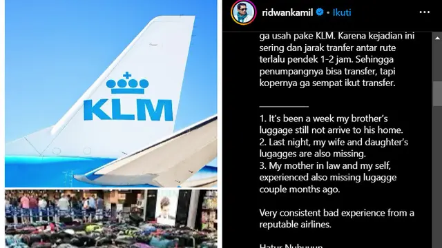 Ridwan Kamil komplen soal bagasinya yang tak pernah sampai tepat waktu kalau terbang menggunakan KLM