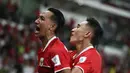 Pemain Timnas Indonesia, Beckham Putra (kiri) melakukan selebrasi bersama Rizky Ridho setelah mencetak gol ke gawang St Kitts and Nevis dalam laga semifinal FIFA Series 2026 di Stadion Utama Gelora Bung Karno (SUGBK), Senayan, Jakarta, Jumat (27/03/2026). (Bola.com/M Iqbal Ichsan)