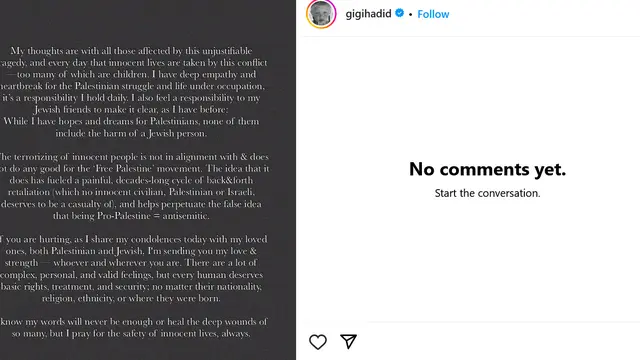 Unggahan Gigi Hadid mengenai situasi Israel-Palestina. (Instagram/ gigihadid)