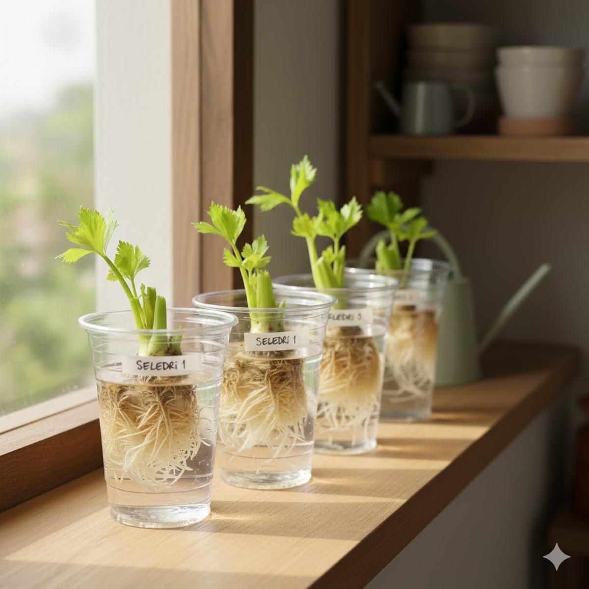 Gelas Plastik Bekas Minuman untuk menanam seledri (Gemini AI)