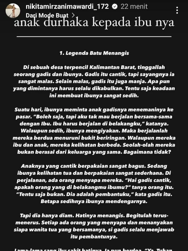 Unggahan Nikita Mirzani soal Legenda Batu Menangis. (Foto: Dok. Instagram @nikitamirzanimawardi_172)