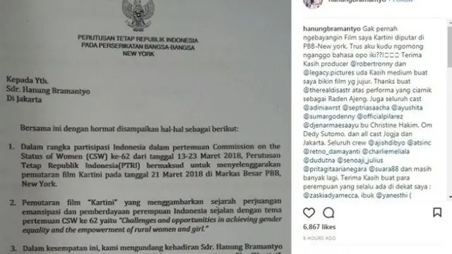 Surat undangan untuk Hanung dari PRTI (Foto: Instagram.com/hanungbramantyo)