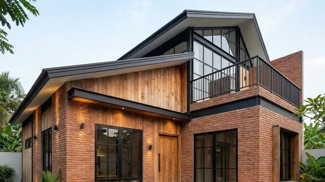 Rumah Kayu dan Bata Bergaya Rustic Industrial