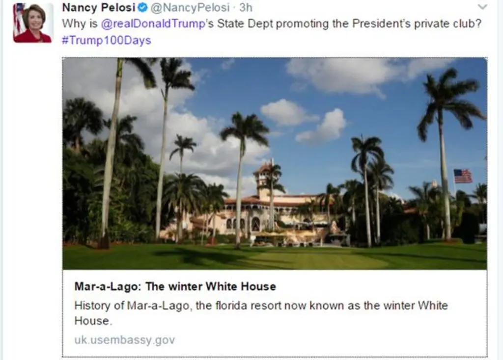 Promosikan Kelab Mewah Trump di Website, Kedubes AS Dikecam (Twitter Nancy Pelocy)