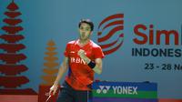 Tunggal putra Indonesia, Jonatan Christie, tampil pada babak pertama Indonesia Open 2021 di di Bali International Convention Centre & The Westin Resort, Nusa Dua, Rabu (24/11/2021). (Humas PBSI)