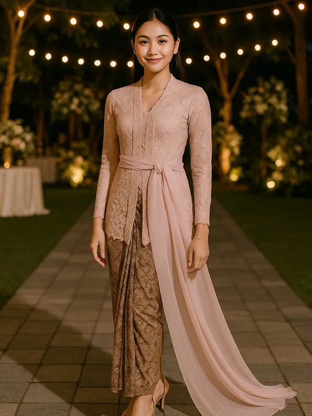 Model Kebaya Panjang dengan Selendang Ikat Samping Pinggang