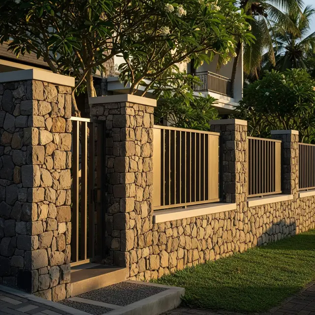 Pagar Batu Alam Berpadu Besi Minimalis, Gaya Rustic Elegan