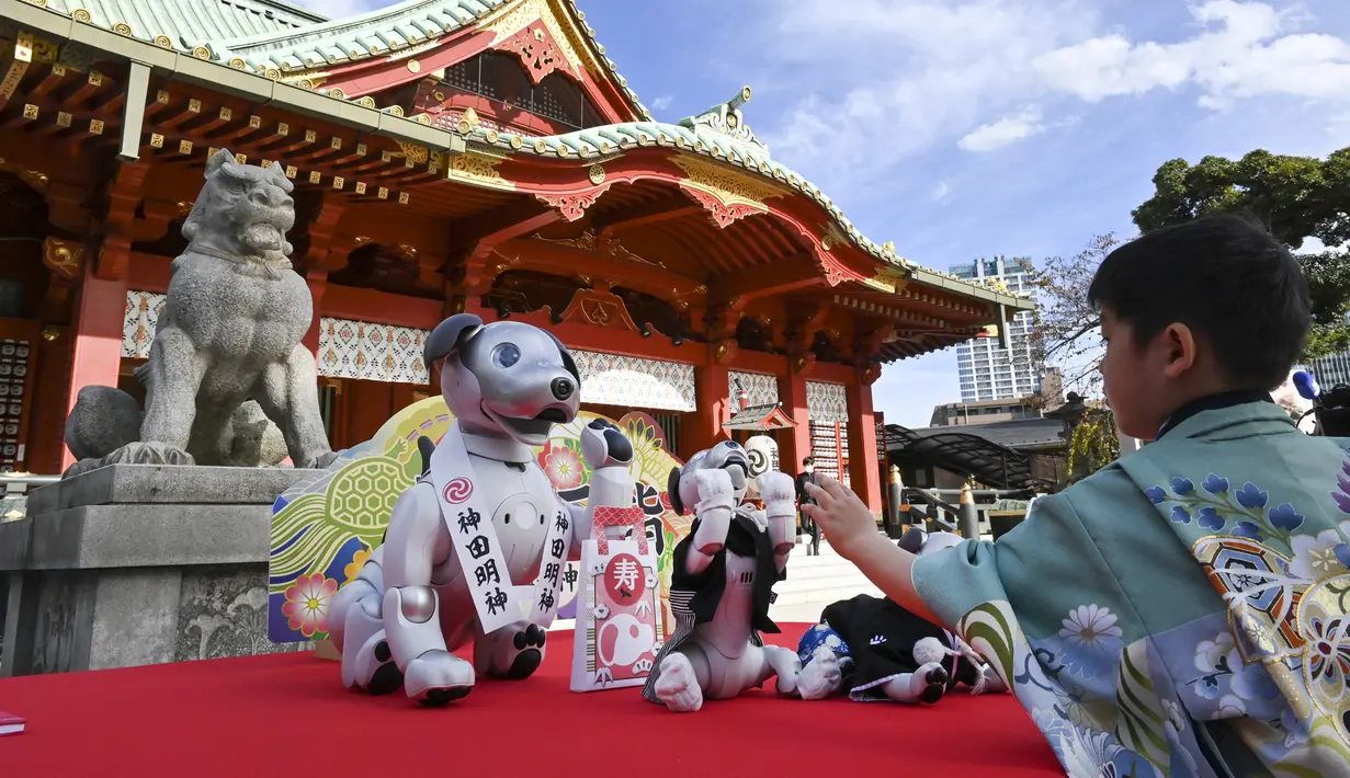 Robot peliharaan Sony Aibo dengan kostum ditampilkan dalam acara perayaan ulang tahun ketiga Aibo dan berharap kesehatan yang baik pada masa depan di Kuil Kanda, Tokyo, Jepang, Jumat (12/11/2021). (Kazuhiro NOGI/AFP)