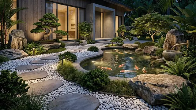 Taman Bergaya Jepang dengan Kolam Koi Minimalis