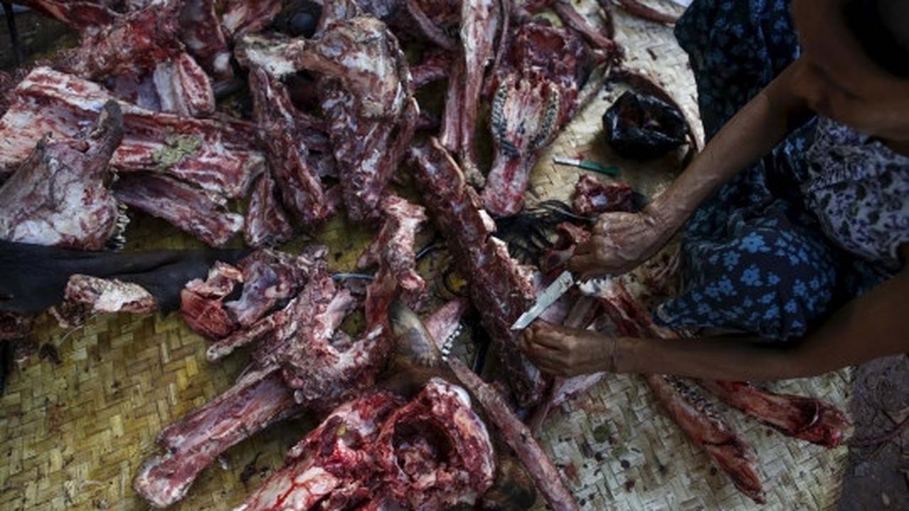Potret pembagian daging hewan kurban di Myanmar