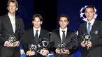 Peraih UEFA Club Football Awards 2008-09, dari kiri, Edwin Van der Sar, Lionel Messi, Xavi Hernandez, dan John Terry, berpose di sela-sela drawing Liga Champions di Monaco, 27 Agustus 2009. AFP PHOTO STEPHANE DANNA 