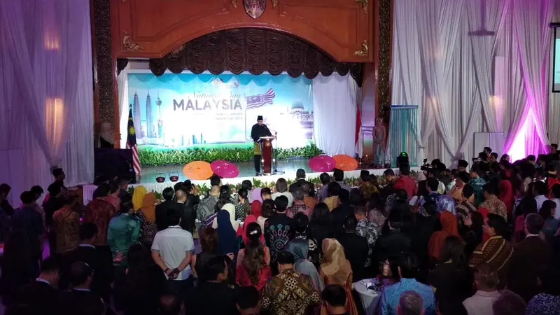 Wakil Duta Besar Malaysia untuk Republik Indonesia Zamshari Shaharan menyampaikan pidato di agenda National Day di Jakarta, 19 September 2018. (Liputan6.com/Happy Ferdian Syah Utomo)