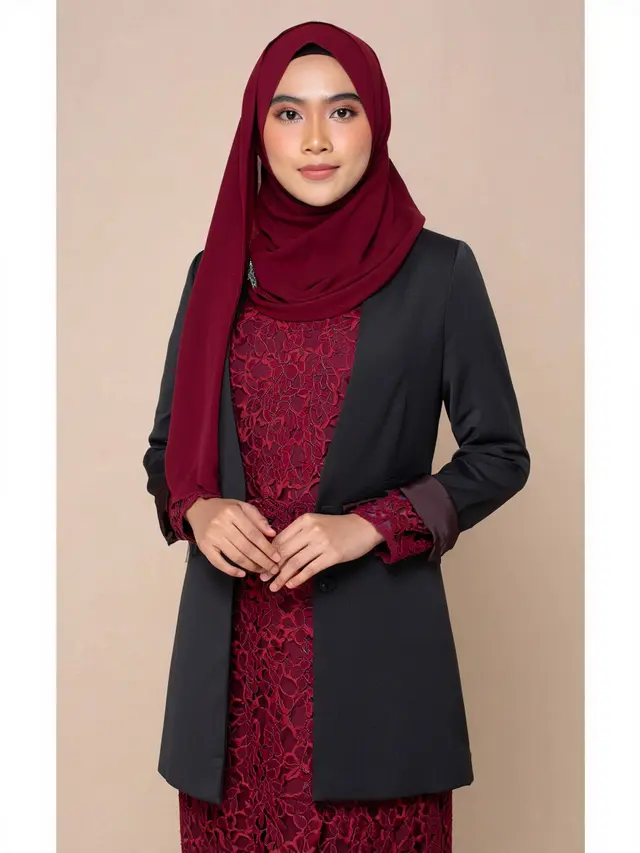 Gamis Brokat Maroon dengan Aksen Blazer Muslimah Simple 2025