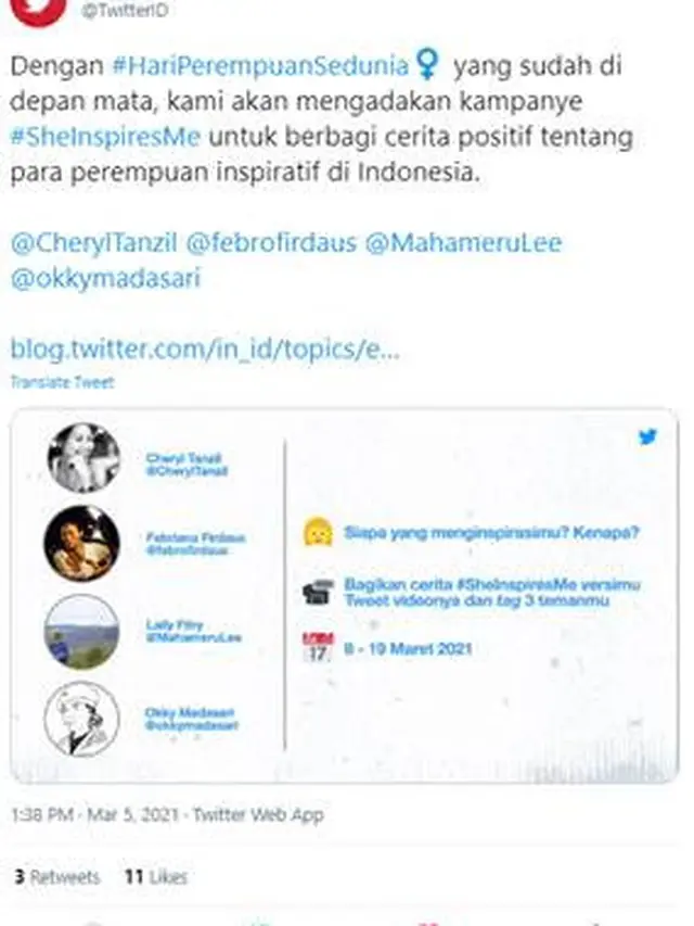 Kampanye #SheInspiresMe untuk rayakan Hari Perempuan Sedunia/dok. Twitter